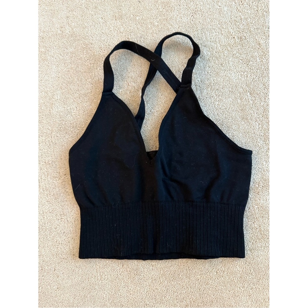 FP Movement Free People Black Ribbed Crop Top Cross Back XS/S